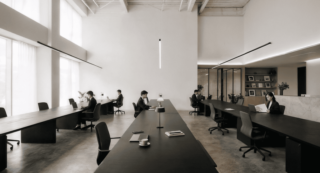 Minimalist Coworking Space with dark tables